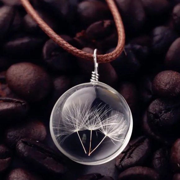 Dandelion Wish Necklace 3D Dome Pendant PU Leather Rope Chain seeds luck NEW - Picture 1 of 3